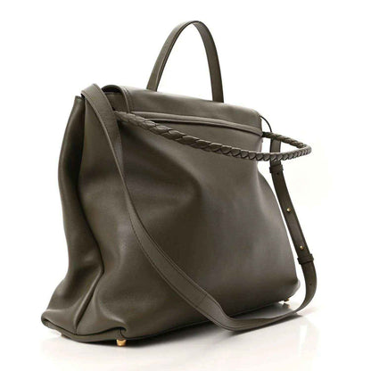 Cypress calfskin handbag with shoulder strap, front flap with braided trim, gold hardware