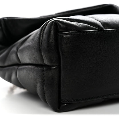 Saint Laurent quilted lambskin satchel corner close-up in black with seam detail