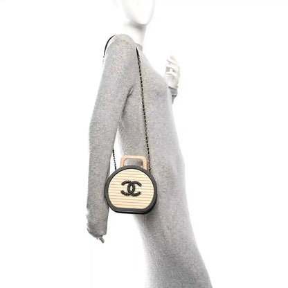 Chanel vanity case side view with chain strap and round CC logo on light panel