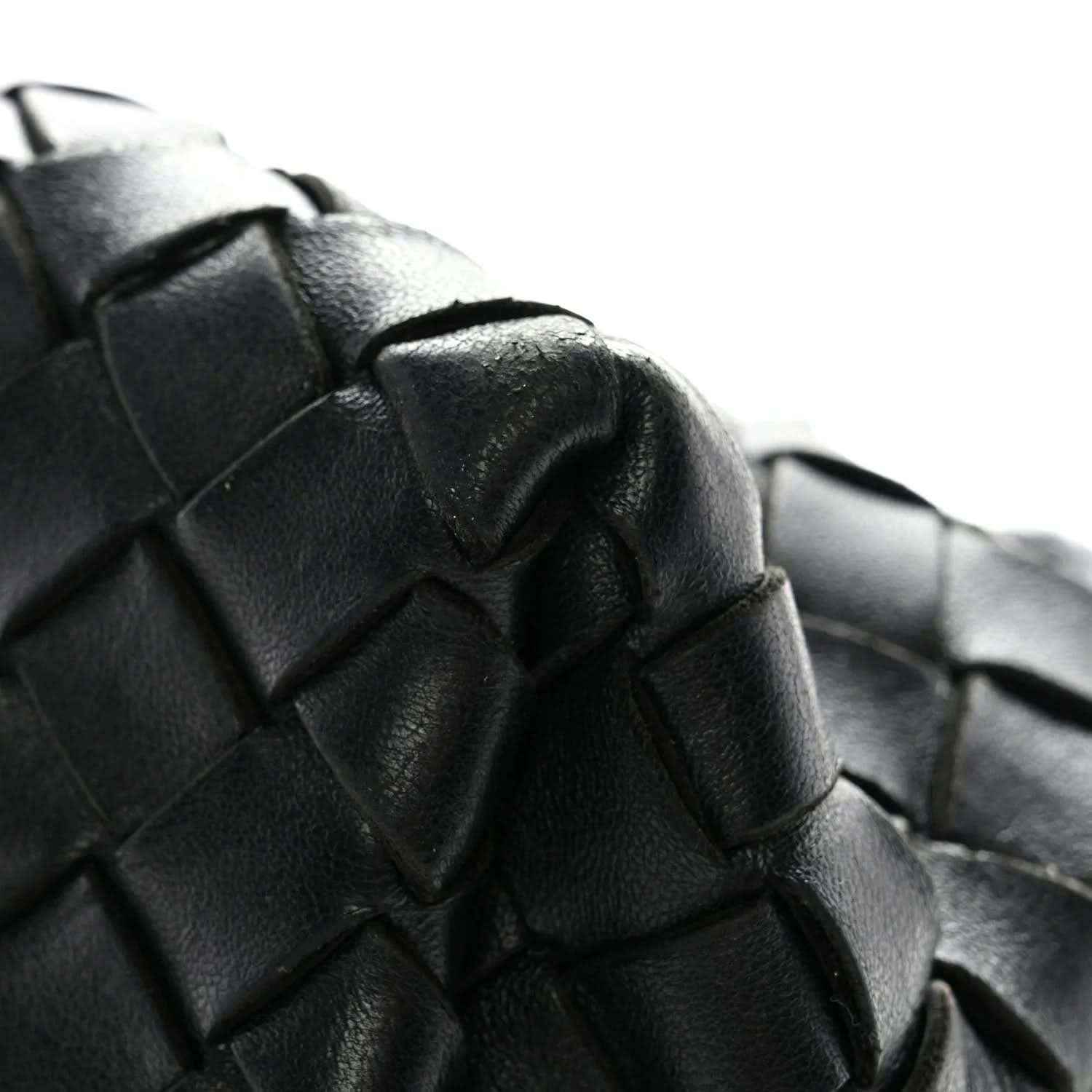 Black intrecciato nappa leather shoulder bag close-up of woven pattern panels