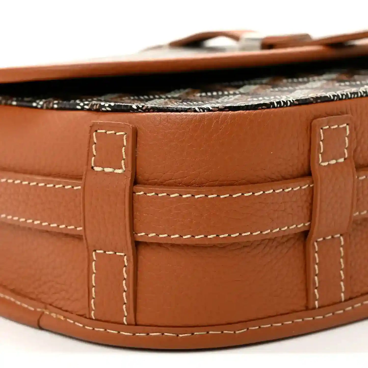 Belvedere II PM messenger bag interior pocket detail in brown leather with stitching