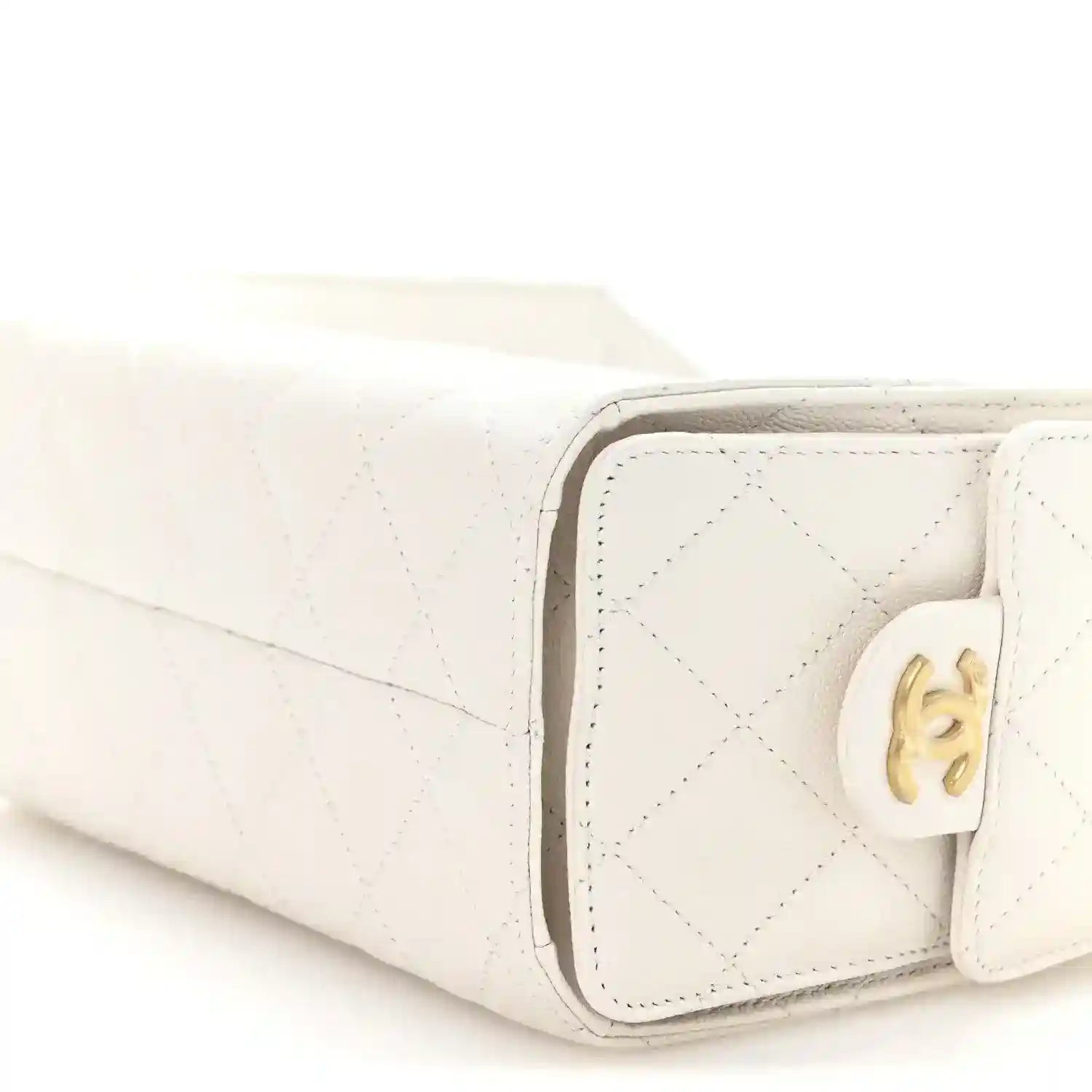 White quilted mini handbag corner view with CC turn-lock hardware