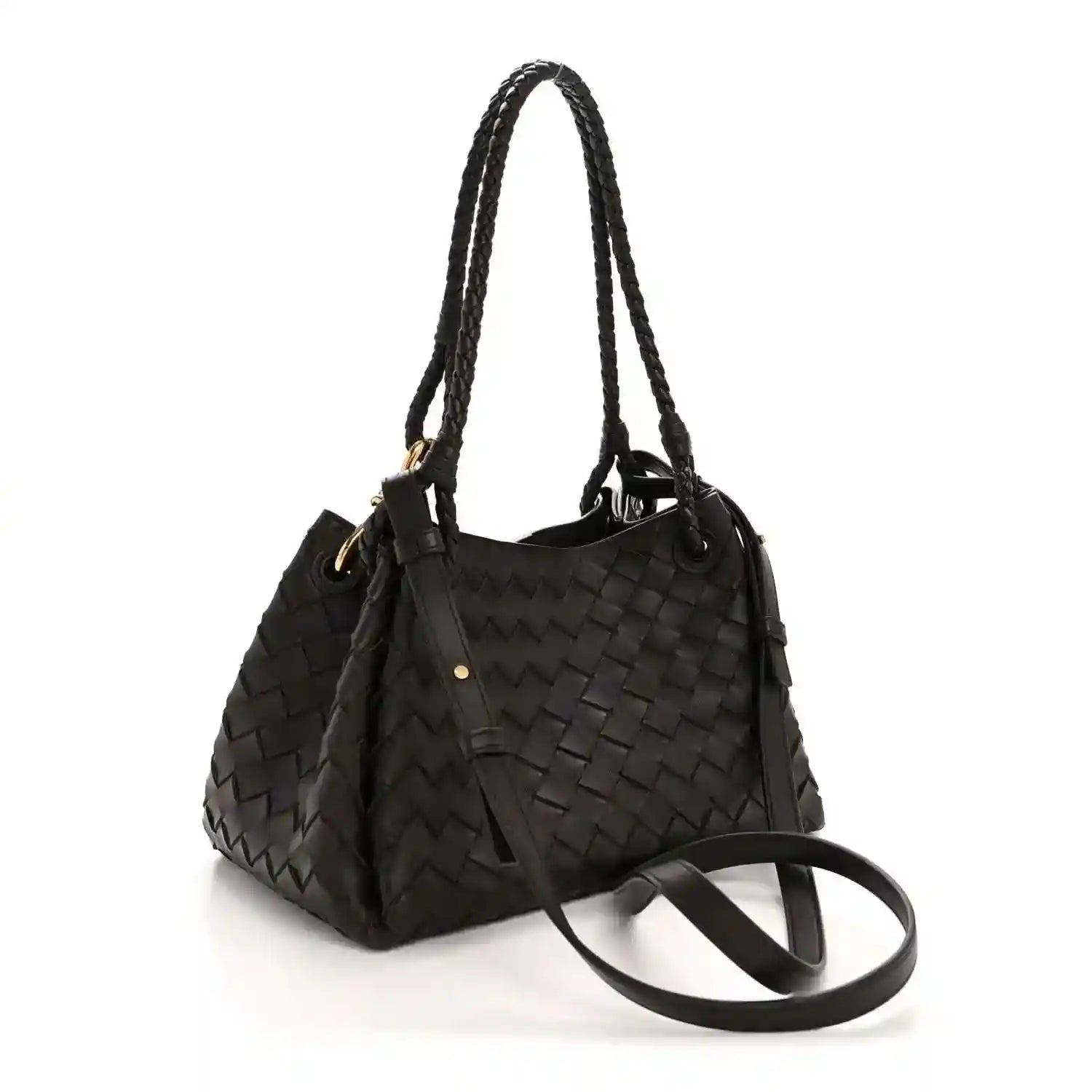 Black intrecciato shoulder bag with dual top handles and crossbody strap