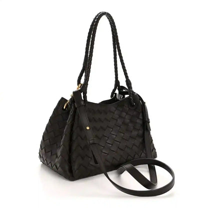 Black intrecciato shoulder bag with dual top handles and crossbody strap