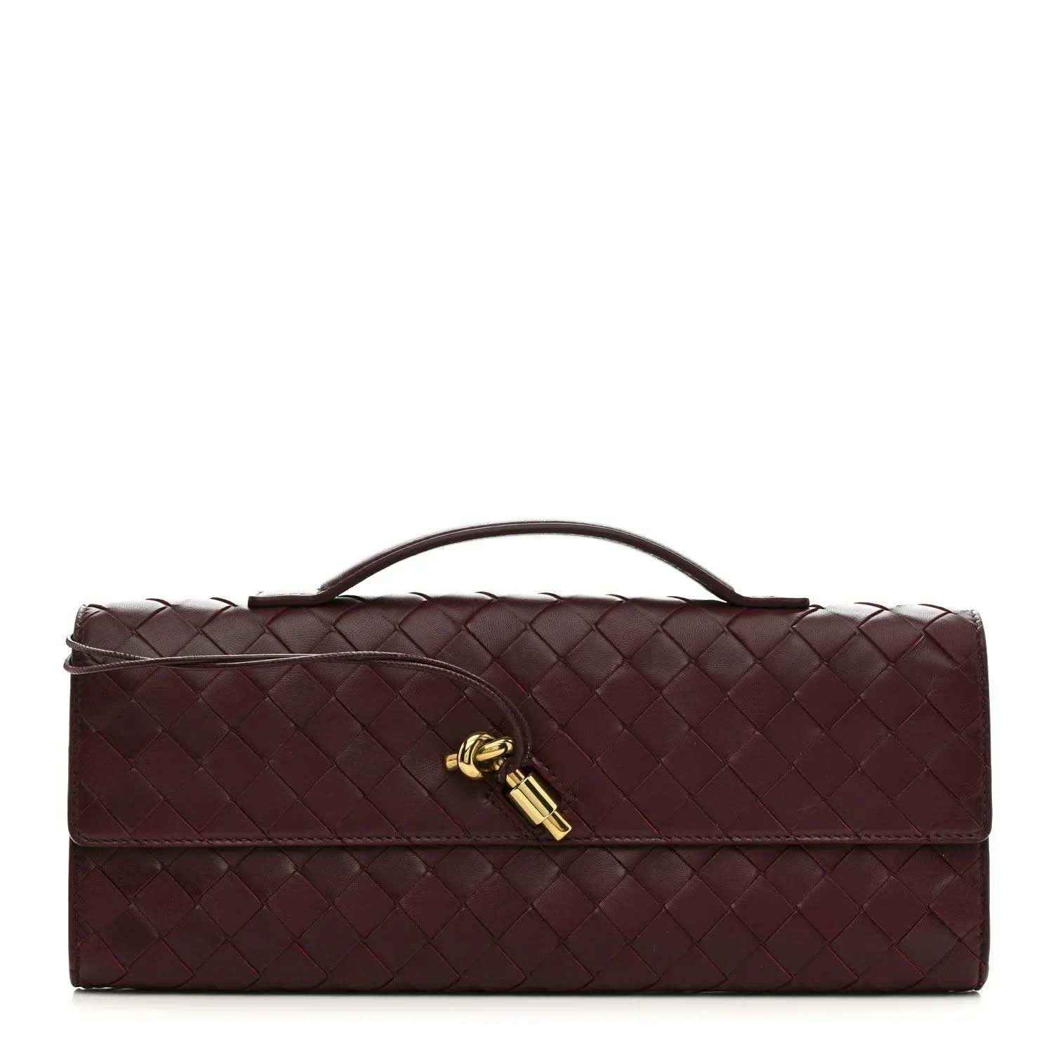 Bottega Veneta intrecciato nappa top-handle clutch in dark burgundy with gold clasp
