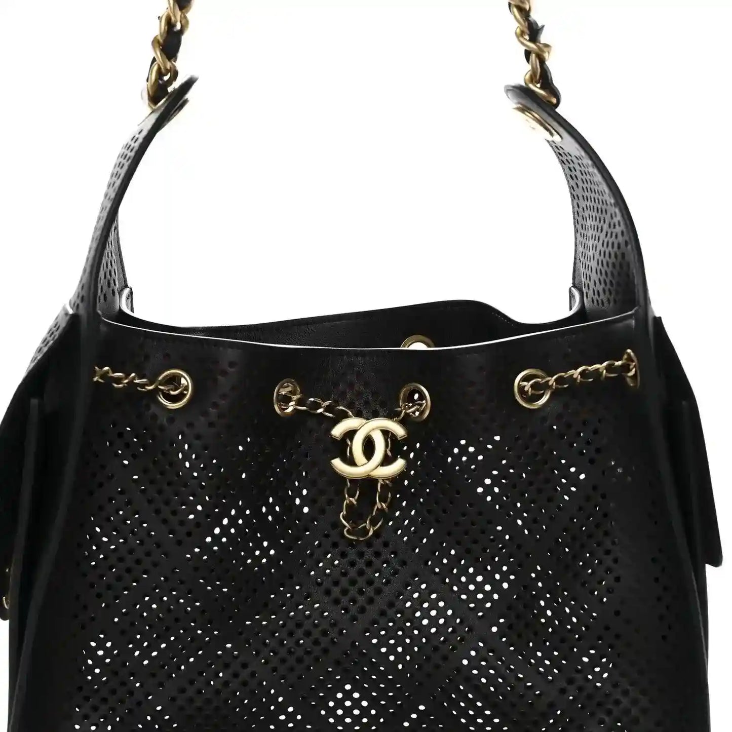 Chanel quilted small handbag in black perforated calfskin with CC logo drop