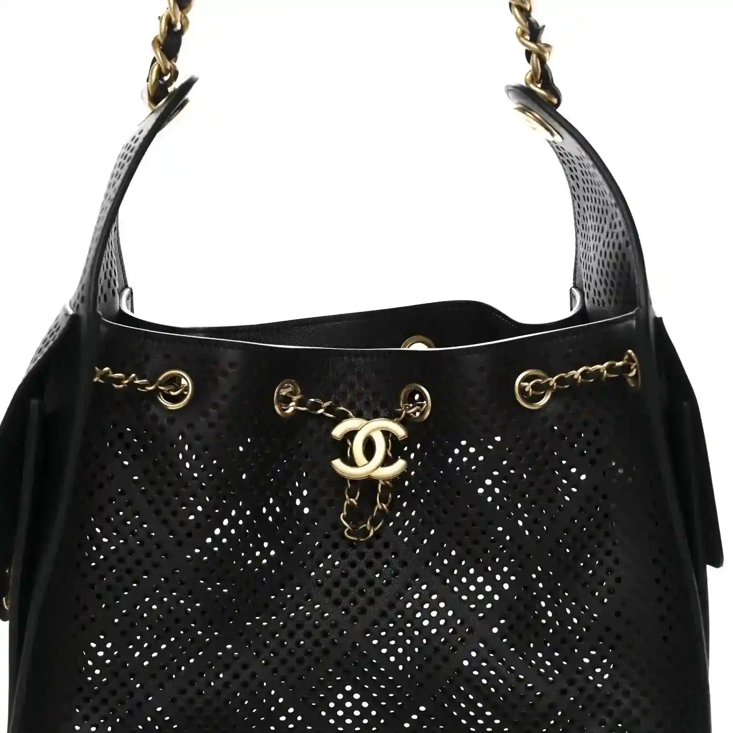 Chanel quilted small handbag in black perforated calfskin with CC logo drop