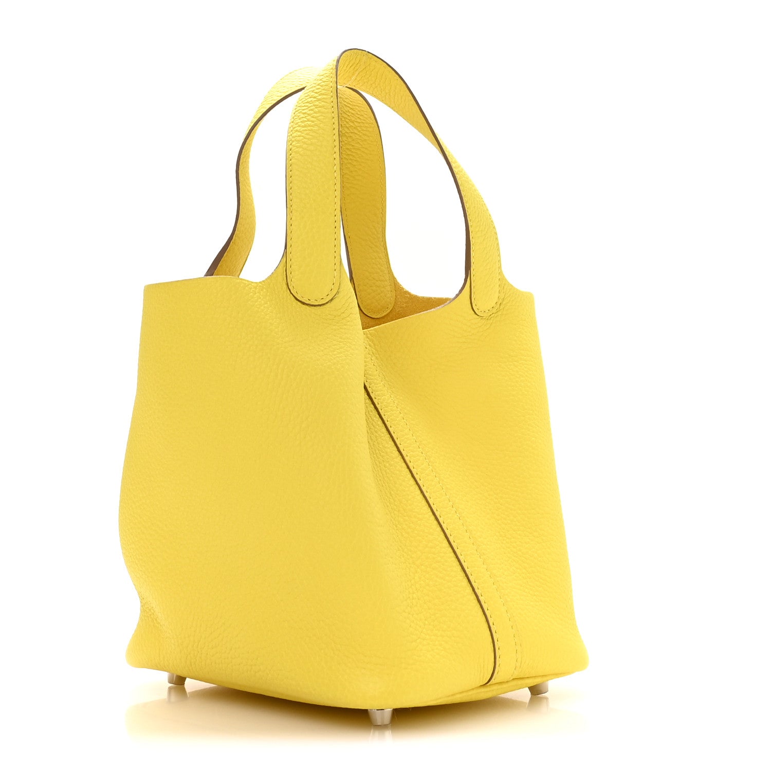 Lime leather tote with curved top handles and side seam detail