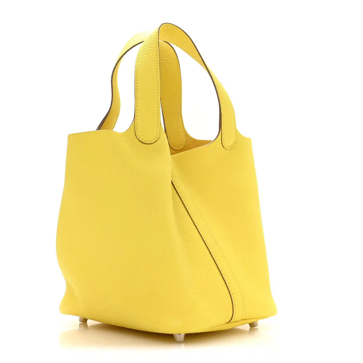 Lime leather tote with curved top handles and side seam detail
