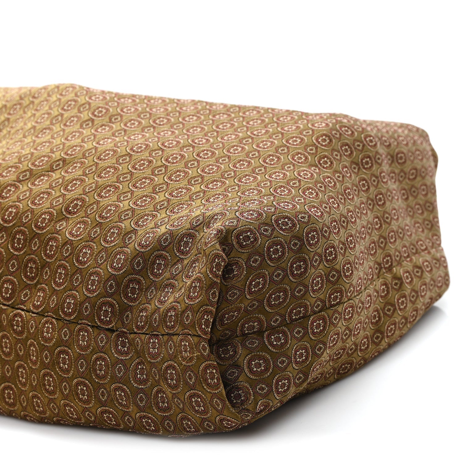 Saint Laurent hobo bag in gold-brown jacquard with geometric medallion pattern, flap detail
