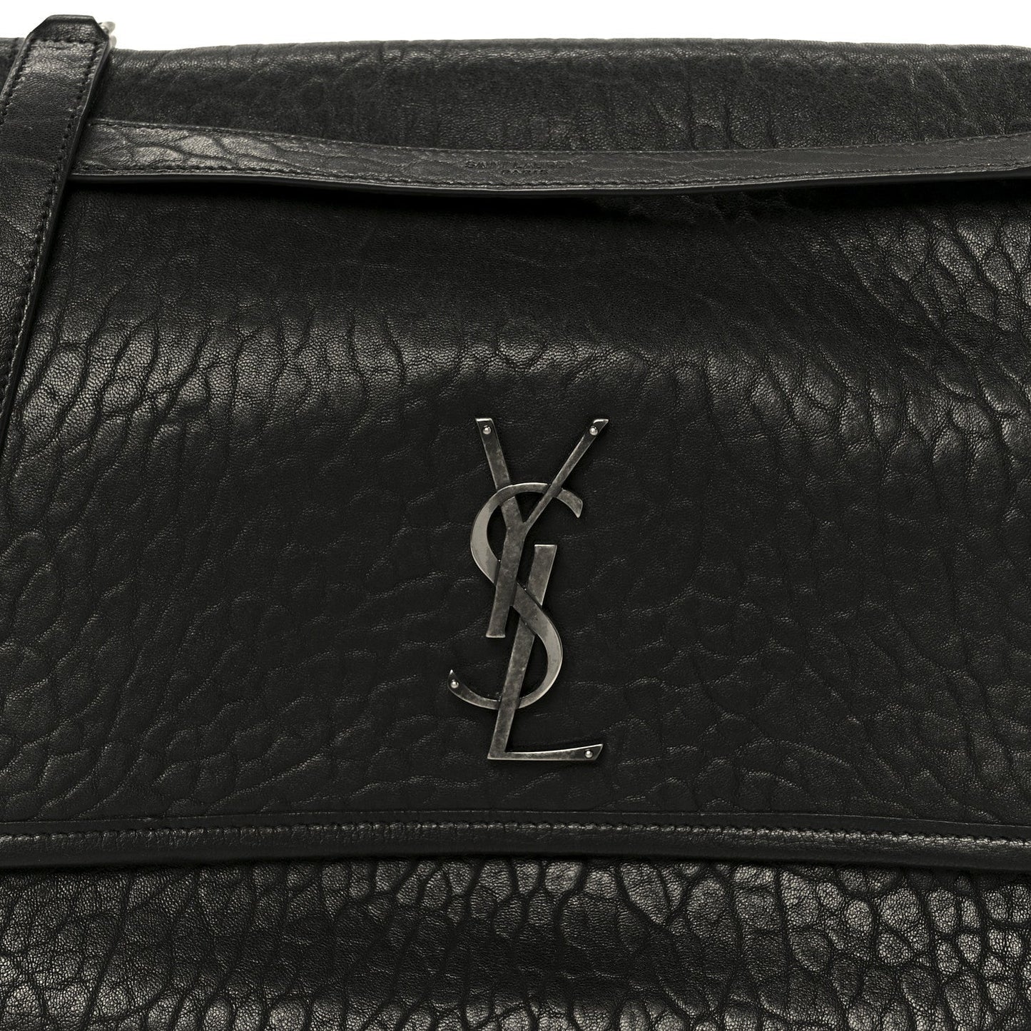 Black grained leather satchel front with YSL monogram plaque on flap