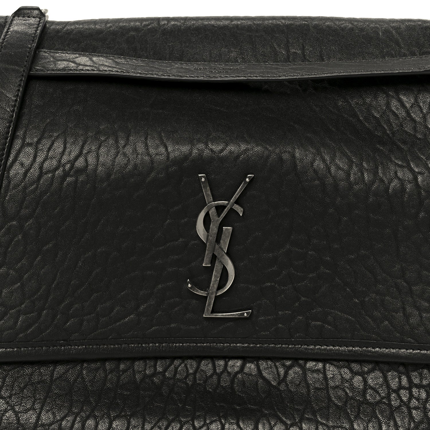 Black grained leather satchel front with YSL monogram plaque on flap