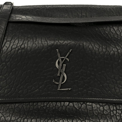Black grained leather satchel front with YSL monogram plaque on flap