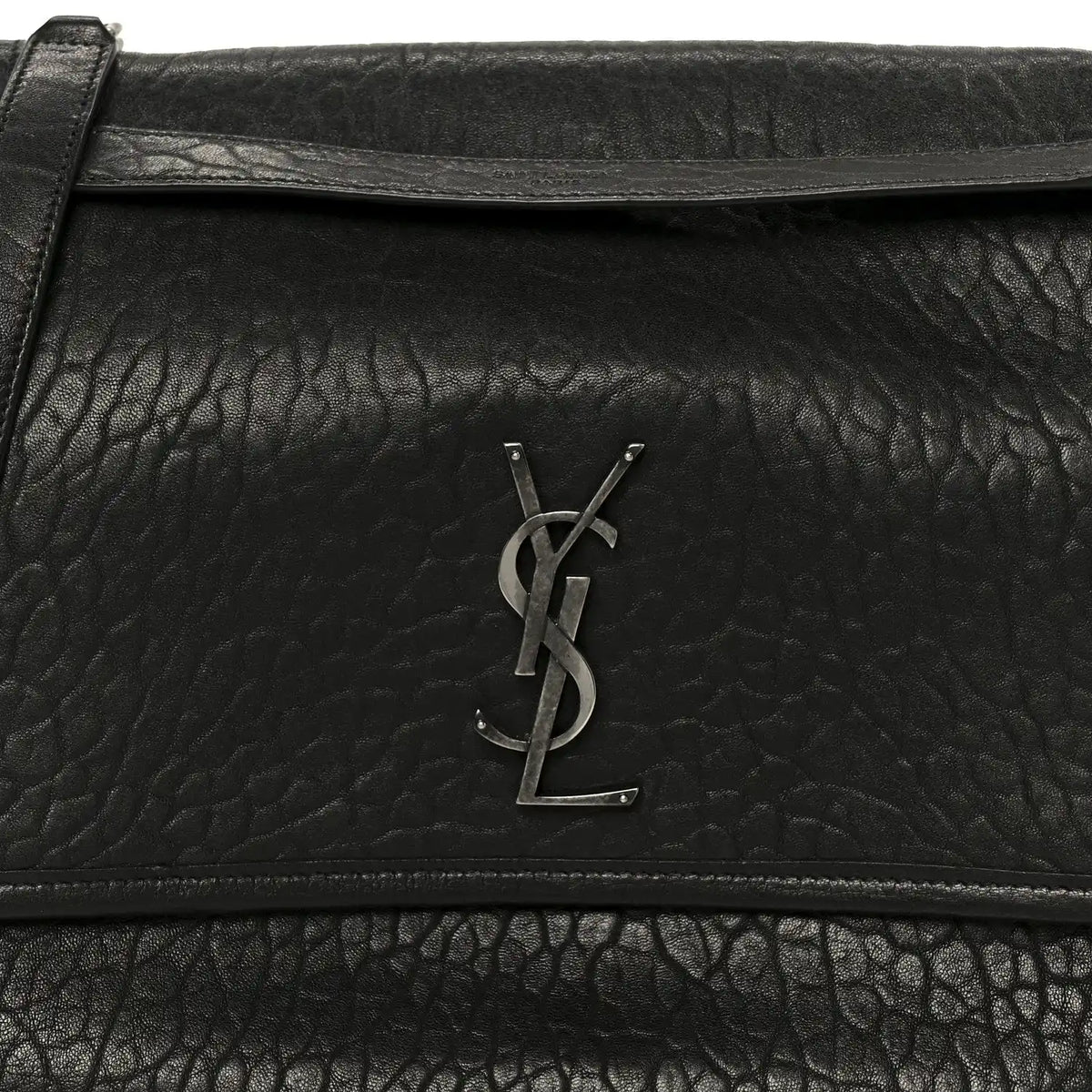 Black grained leather satchel front with YSL monogram plaque on flap