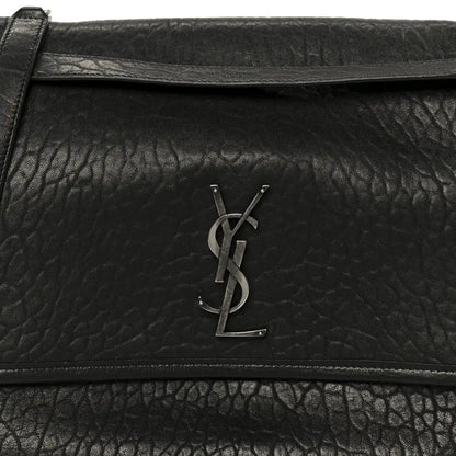 Black grained leather satchel front with YSL monogram plaque on flap
