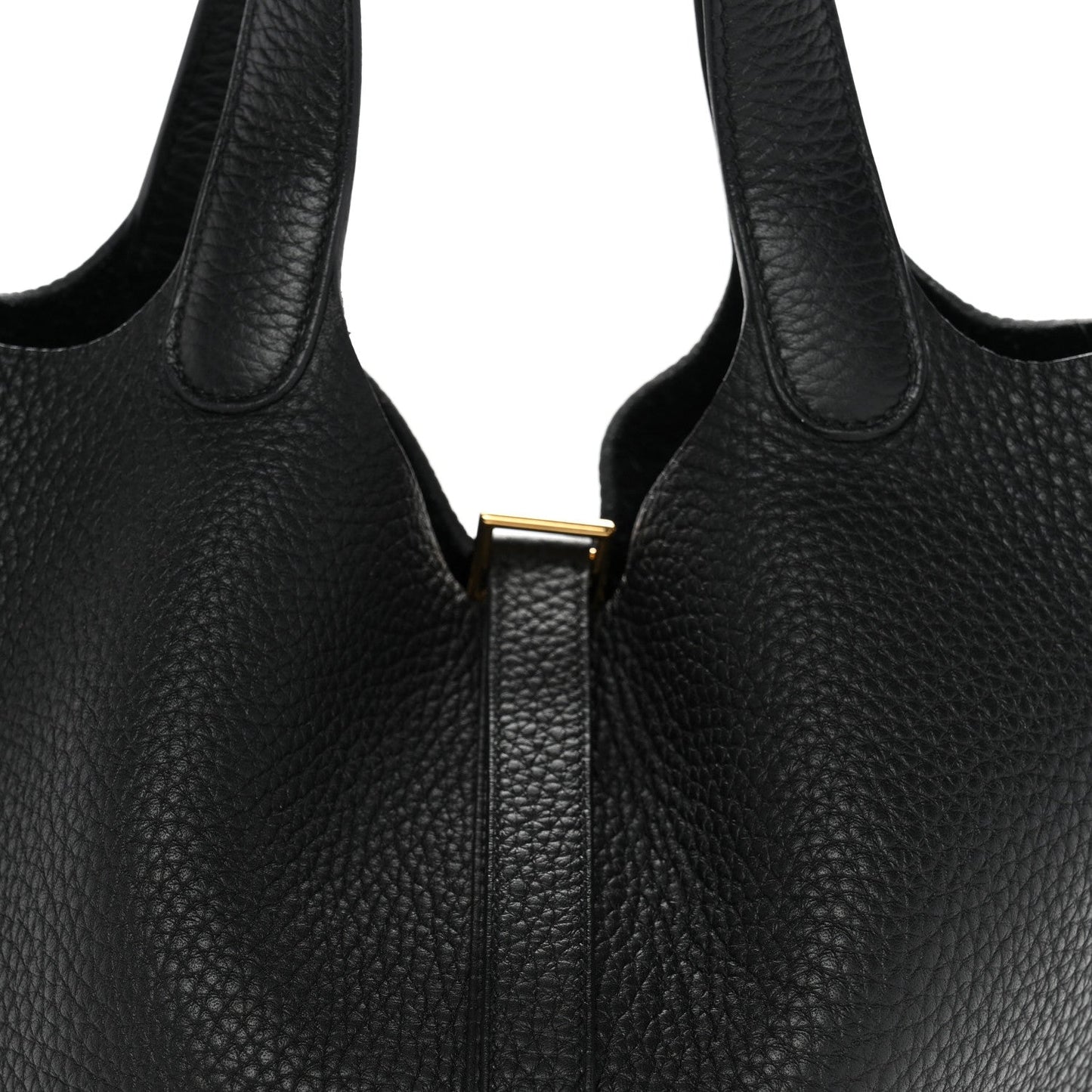 Black textured leather tote with gold lock tab and matching zipper