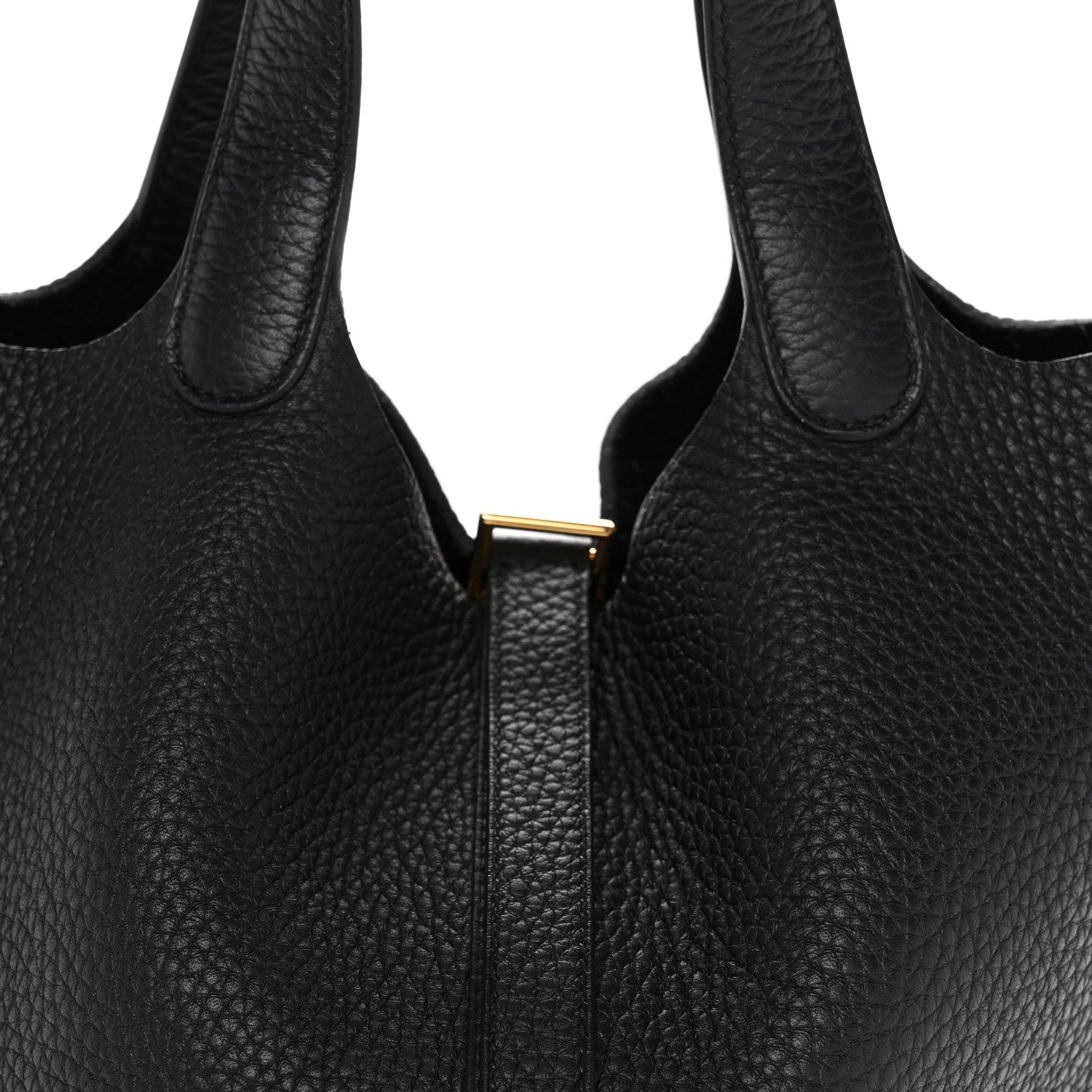Black textured leather tote with gold lock tab and matching zipper