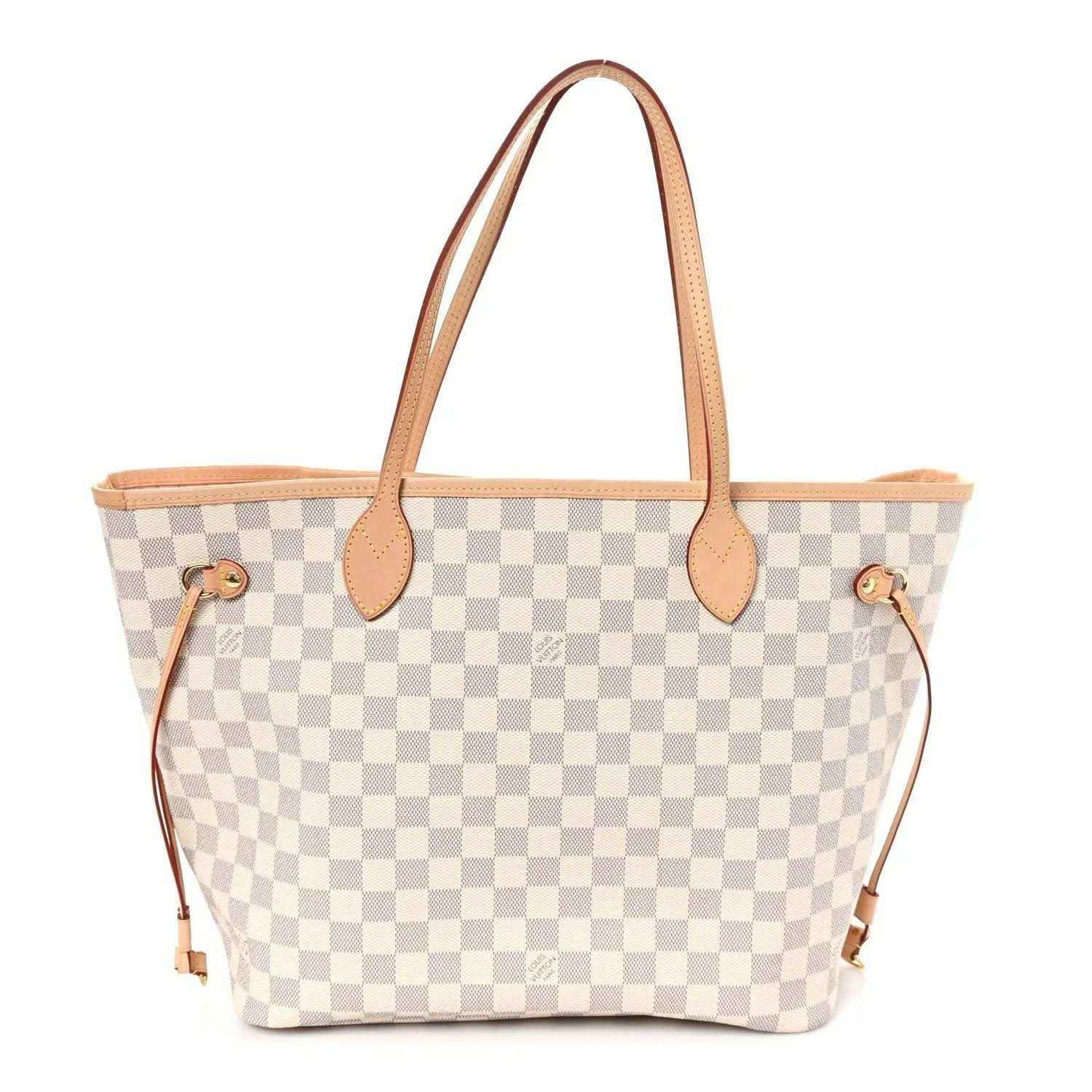 Damier Azur Neo Neverfull MM tote bag with check canvas and rose leather handles