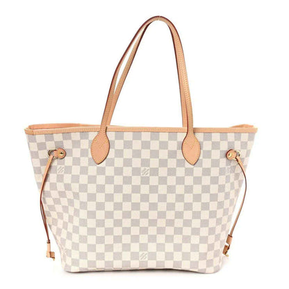 Damier Azur Neo Neverfull MM tote bag with check canvas and rose leather handles