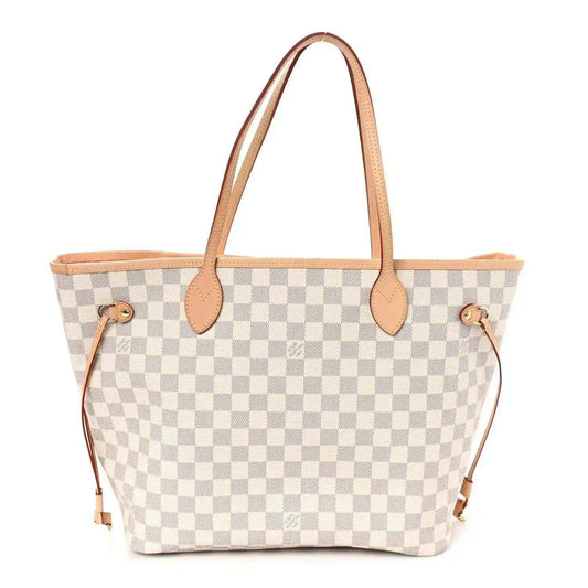 Damier Azur Neo Neverfull MM tote bag with check canvas and rose leather handles