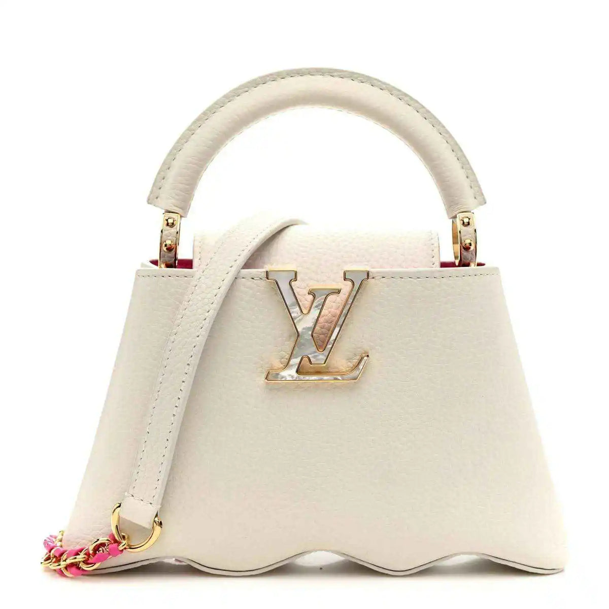 Louis Vuitton Capucines mini handbag, white, top handle and LV clasp