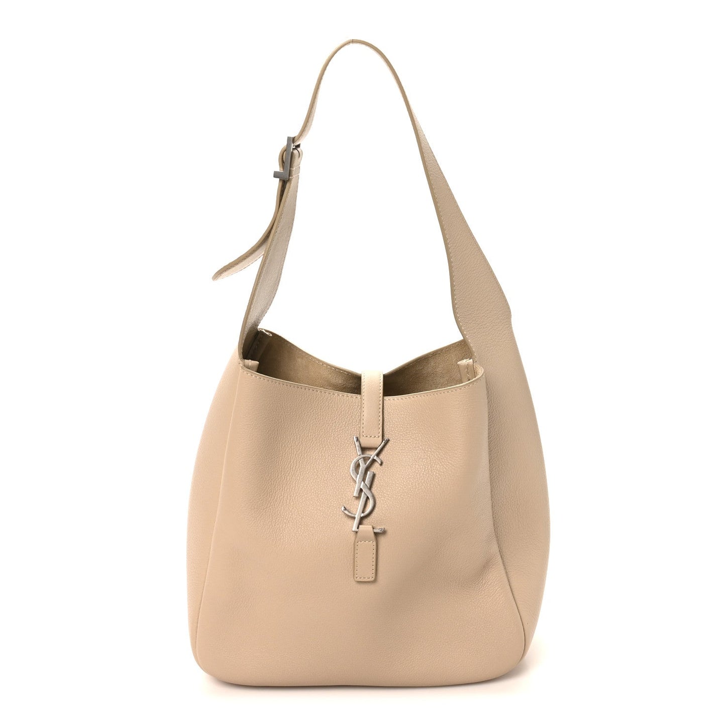 Small smooth calfskin hobo bag in light beige with top handles and YSL logo clasp
