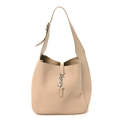 Small smooth calfskin hobo bag in light beige with top handles and YSL logo clasp