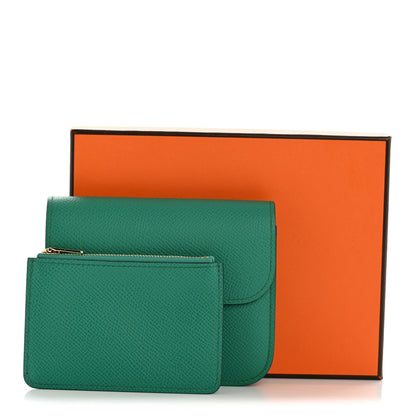 Green leather slim wallet with front flap and card pocket