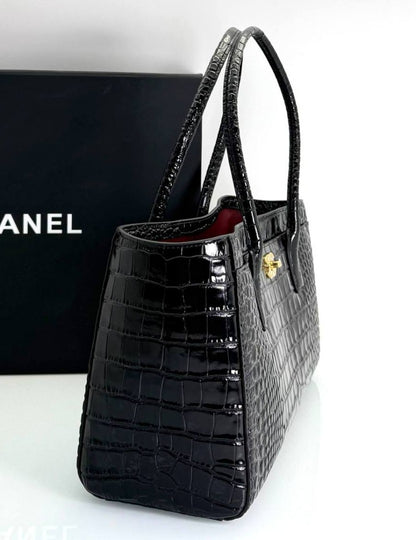 Small croc-embossed calfskin shopping tote bag in black with two top handles