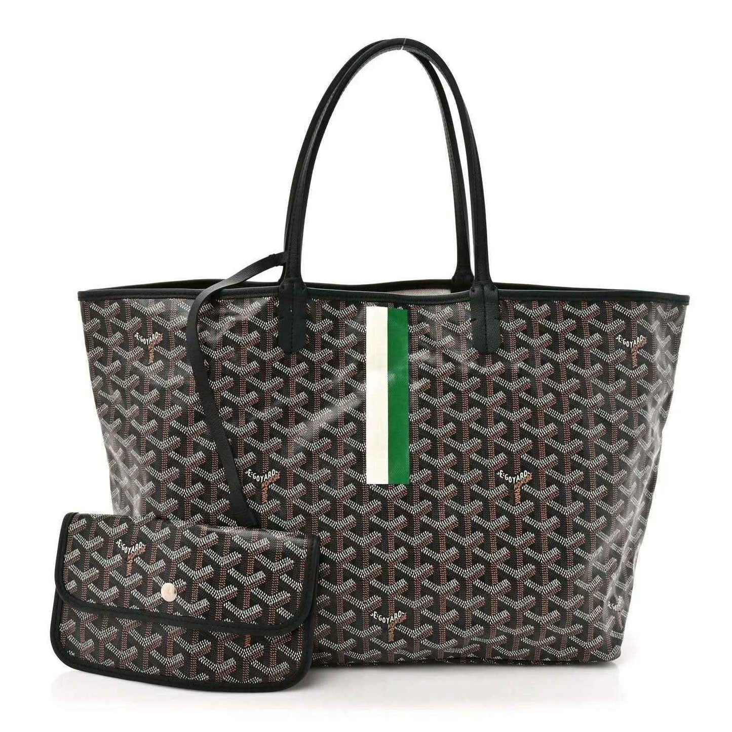 Black patterned tote bag with green stripe plus matching zip pouch
