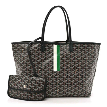 Black patterned tote bag with green stripe plus matching zip pouch