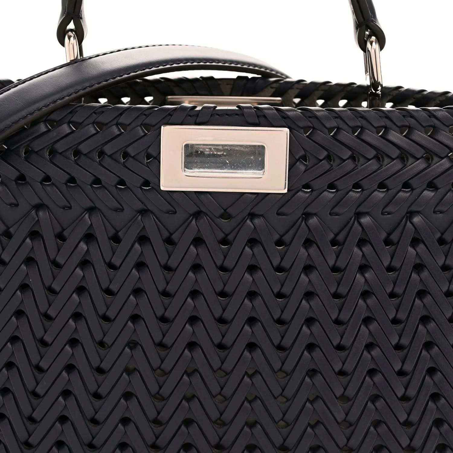Woven nappa satchel front with rectangular silver-tone logo plaque on dark blue leather