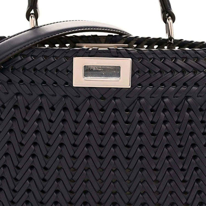 Woven nappa satchel front with rectangular silver-tone logo plaque on dark blue leather