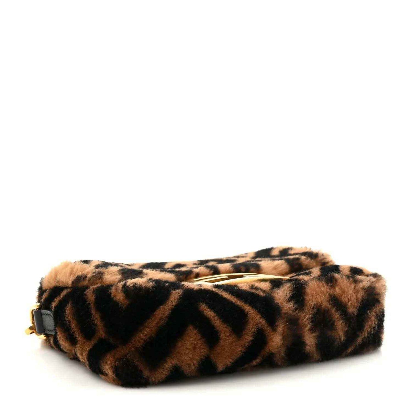 Shearling mini baguette bag with FF logo pattern, tobacco brown and black base view.