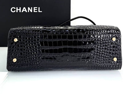 Black croc-embossed small shopping bag with gold-tone hardware and top handle