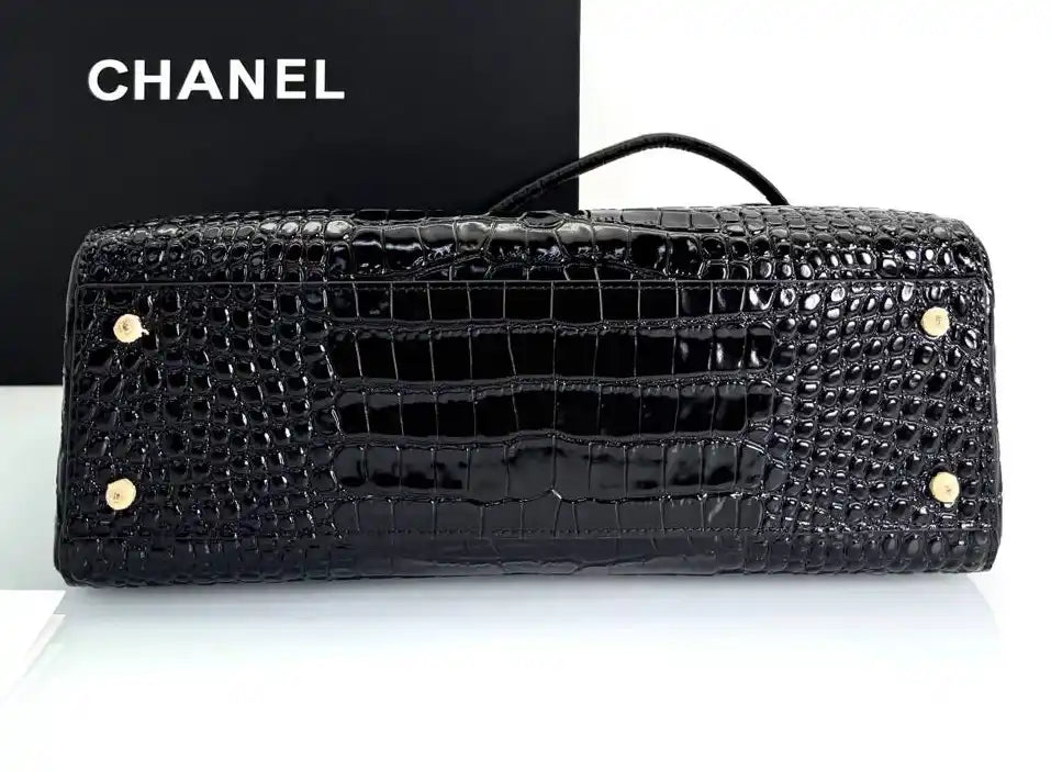 Black croc-embossed small shopping bag with gold-tone hardware and top handle