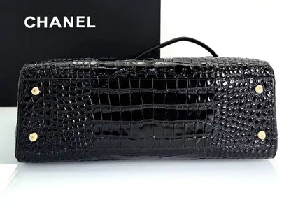 Black croc-embossed small shopping bag with gold-tone hardware and top handle