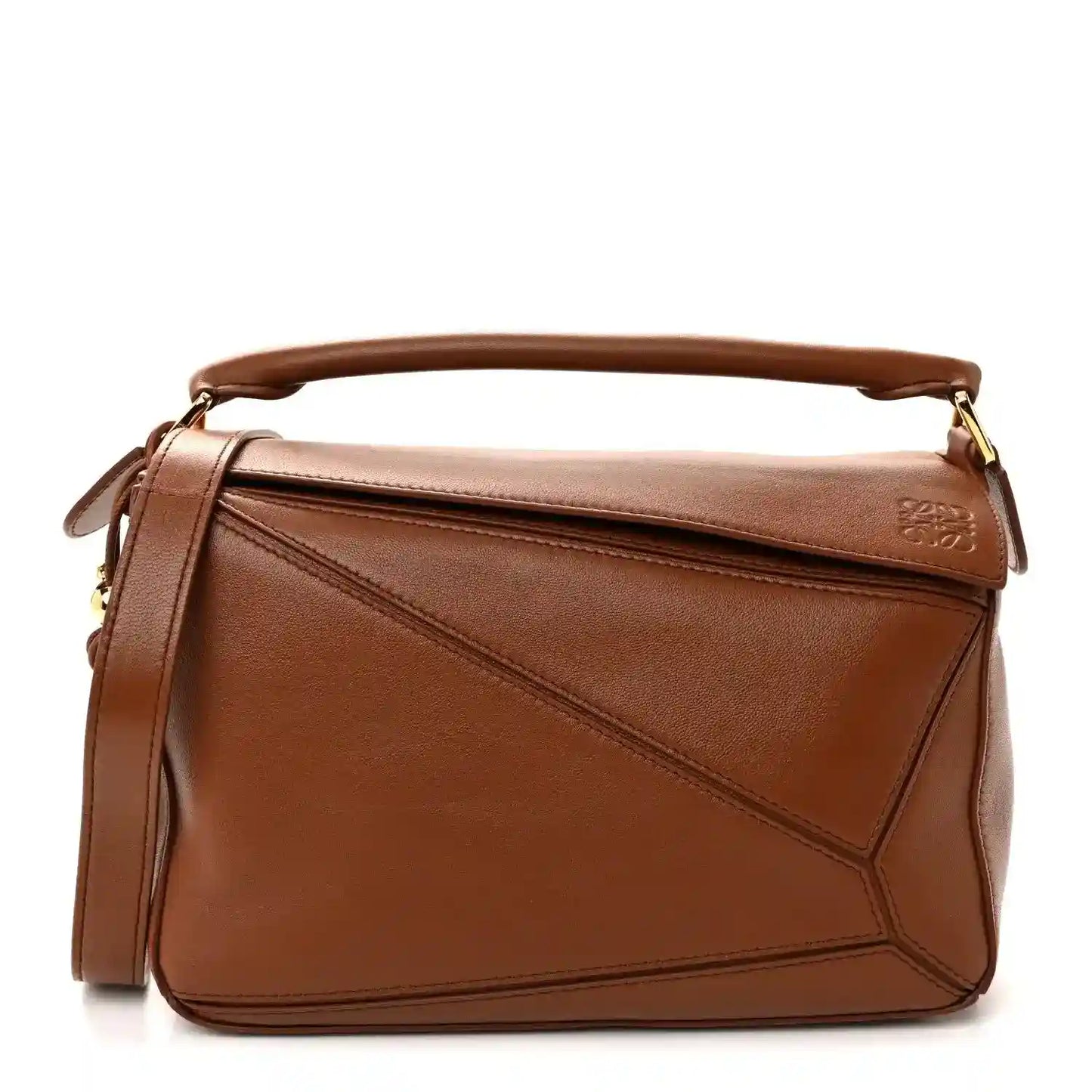 Small pecan brown leather bag with top handle, crossbody strap, gold hardware
