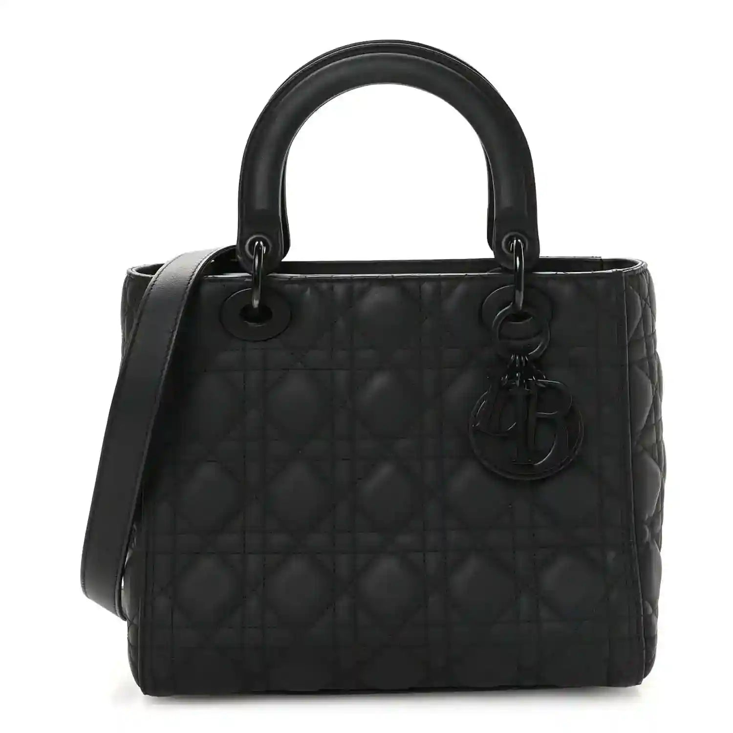 Christian Dior Lady Dior bag in black quilted calfskin, top handles and charm detail
