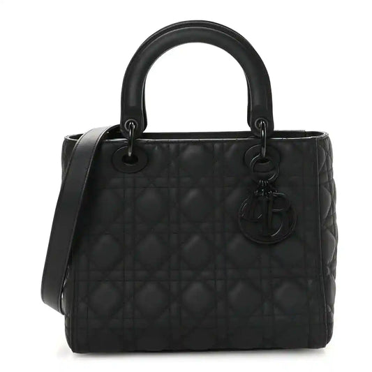 Christian Dior Lady Dior bag in black quilted calfskin, top handles and charm detail