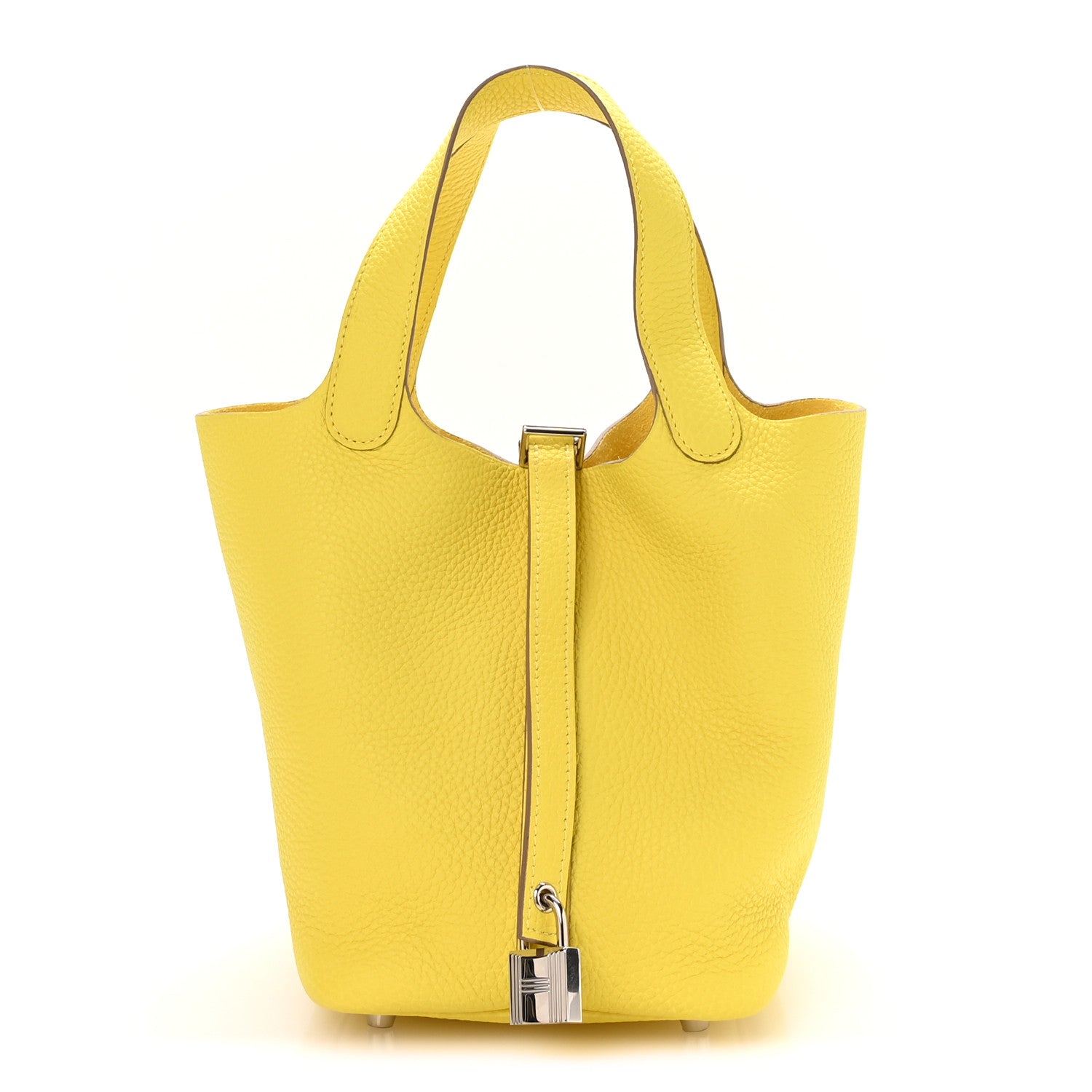 Lime leather tote with top handles and front vertical turn-lock clasp