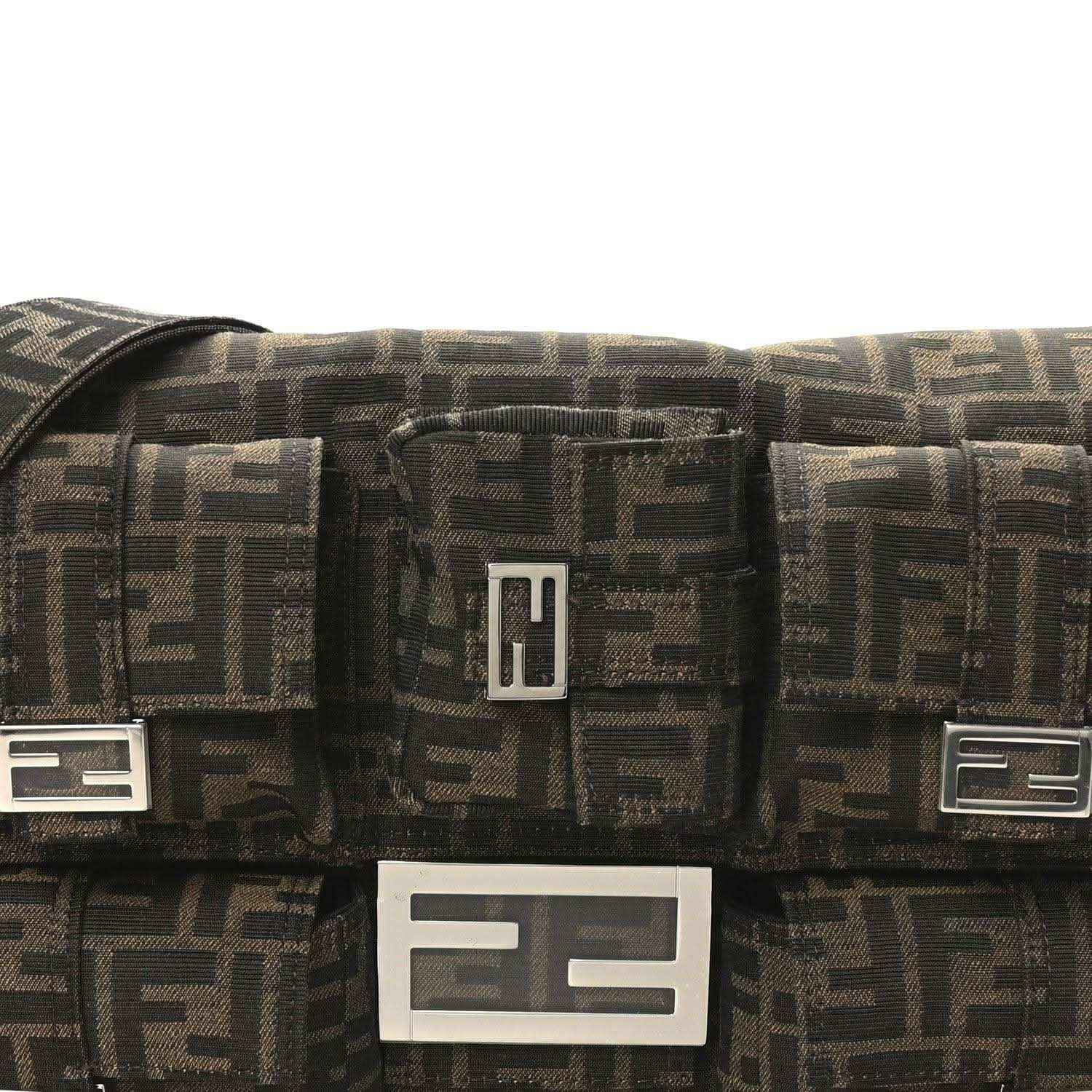 Fendi Zucca canvas flap with central logo plaque and buckle accents, dark brown FF print.