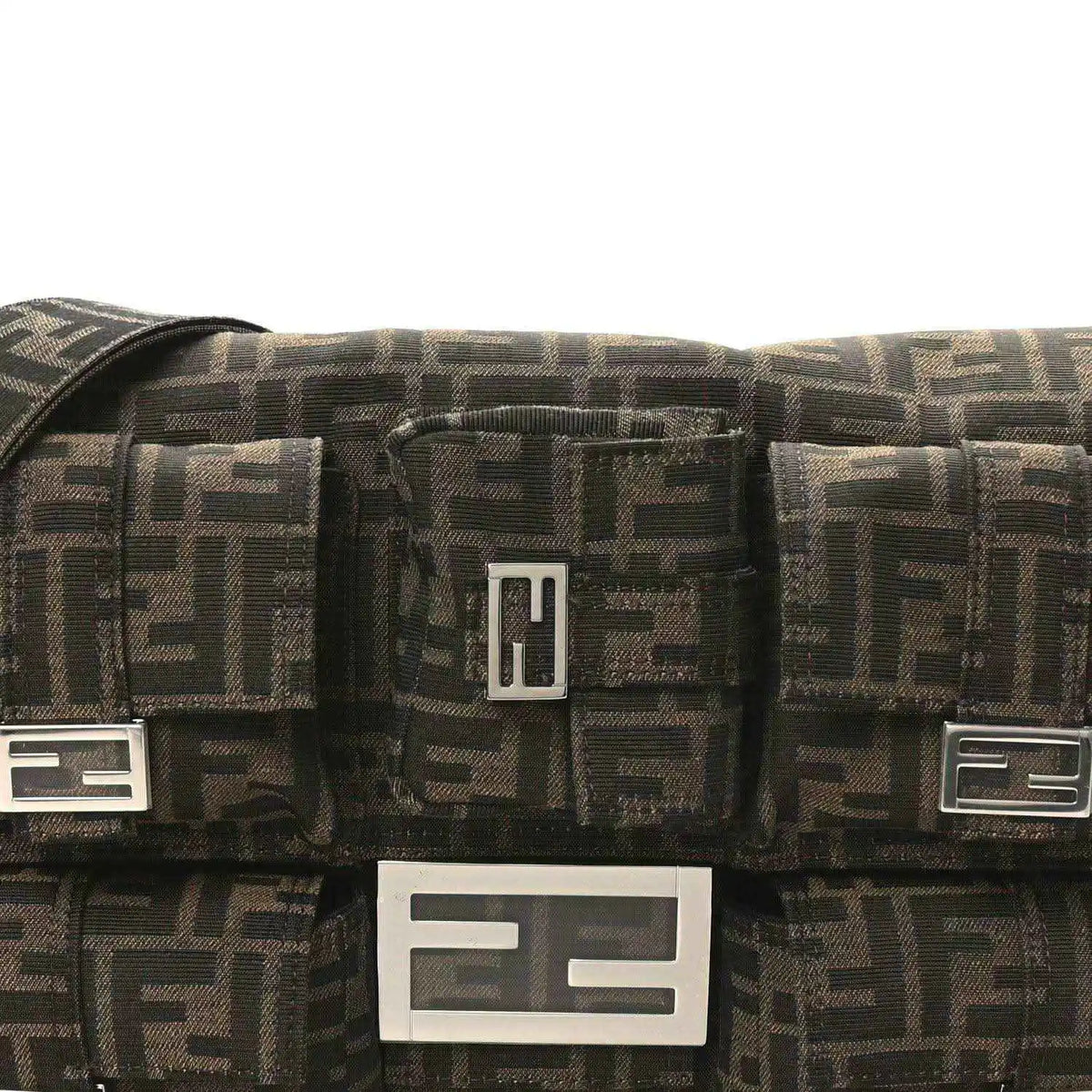 Fendi Zucca canvas flap with central logo plaque and buckle accents, dark brown FF print.