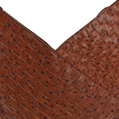 Brown ostrich-embossed intrecciato leather pattern on a hobo bag corner.