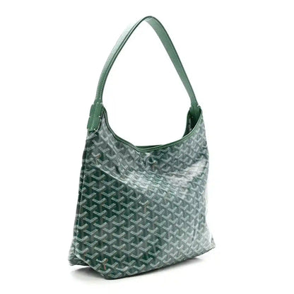 Green chevron-pattern hobo bag with structured shape and top handle