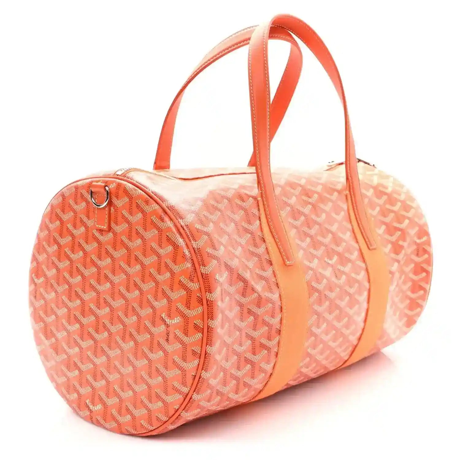 Orange monogram canvas barrel sports bag with curved end pocket and top handles.