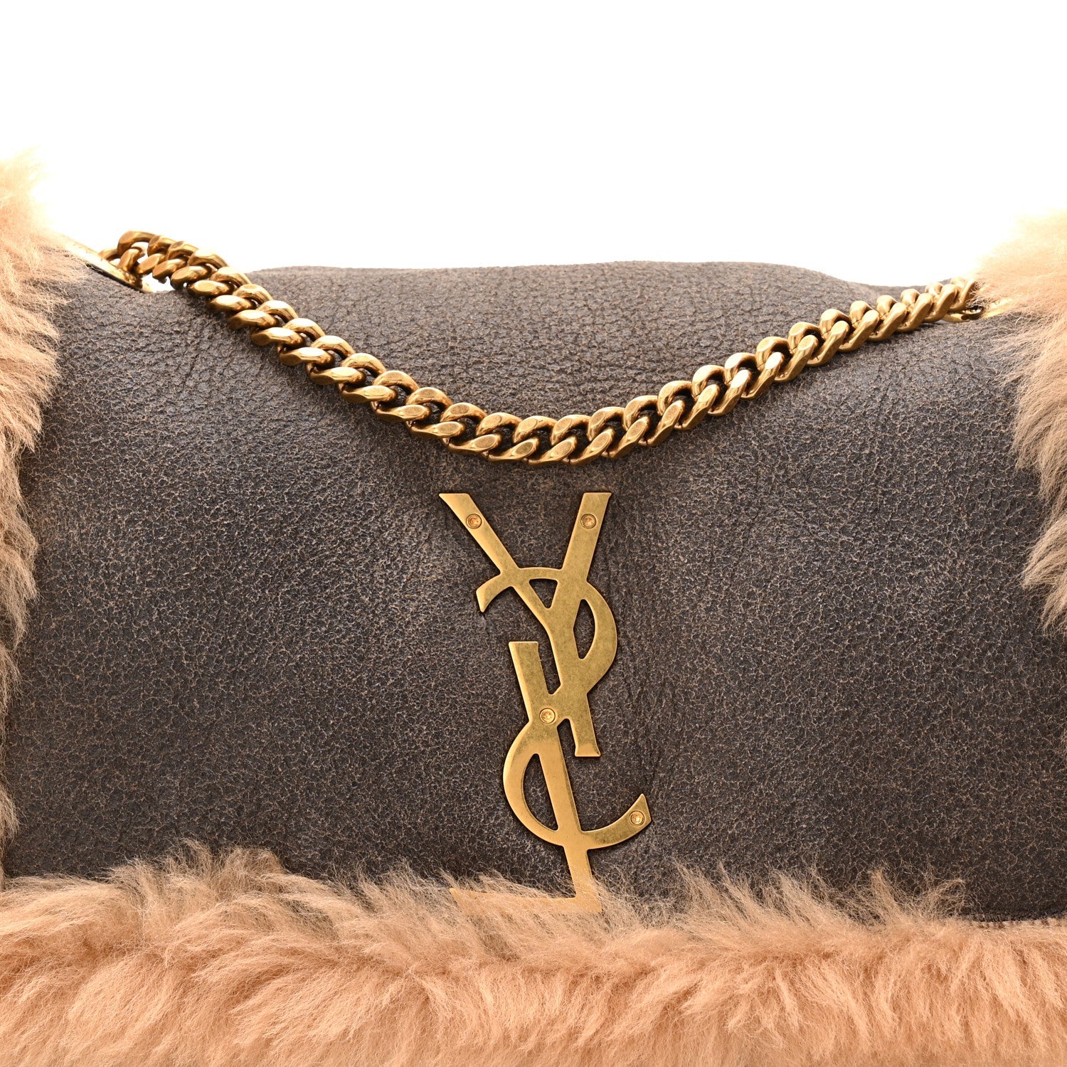 Saint Laurent reversible satchel with dark leather front, YSL monogram charm, gold chain