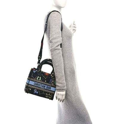 Medium handbag with zodiac print canvas and blue stripe, worn with adjustable strap