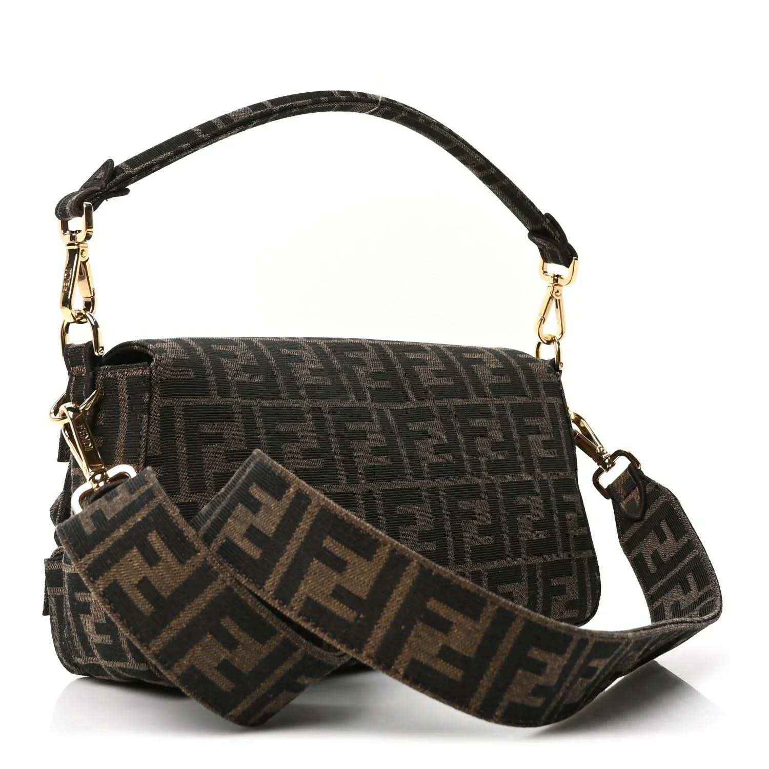 Dark brown jacquard baguette bag with FF motif, flap, and gold-tone hardware