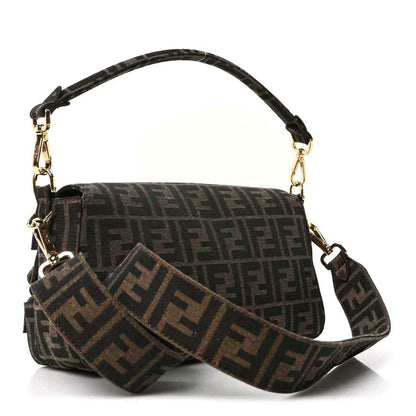 Dark brown jacquard baguette bag with FF motif, flap, and gold-tone hardware